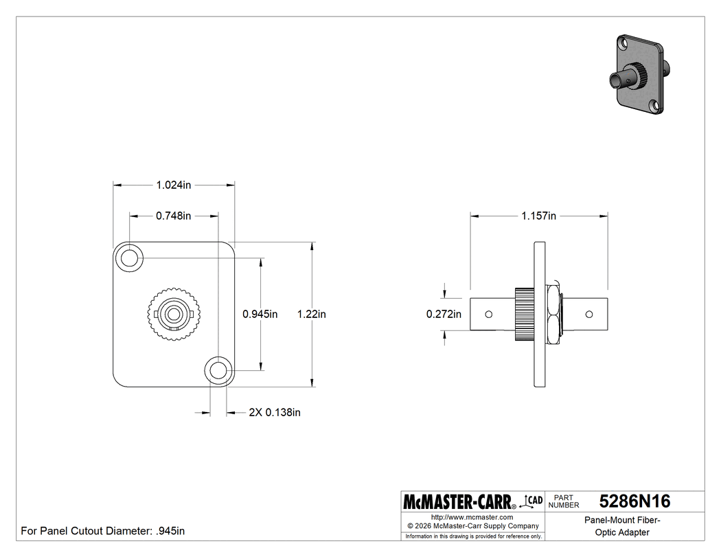 Technical Drawing of Panel-Mount Fiber-Optic Adapter, ST Female x ST Female, for Multimode Om1, Om2, Om3, Om4.
